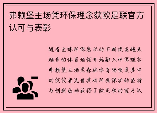 弗赖堡主场凭环保理念获欧足联官方认可与表彰 弗赖堡主场凭环保理念获欧足联官方认可与表彰