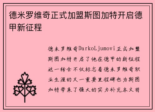 德米罗维奇正式加盟斯图加特开启德甲新征程